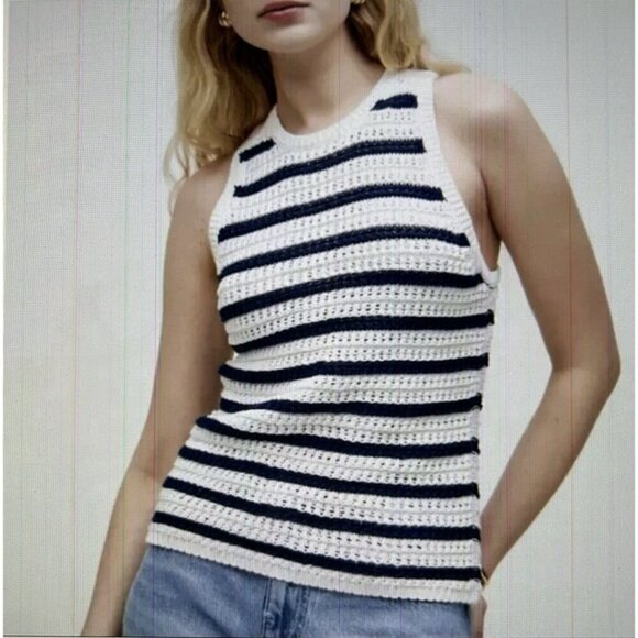 Madewell Portman Crochet Tank Top Knit Crewneck Boho Ivory/Navy Racerback Sz XXS - Picture 1 of 9